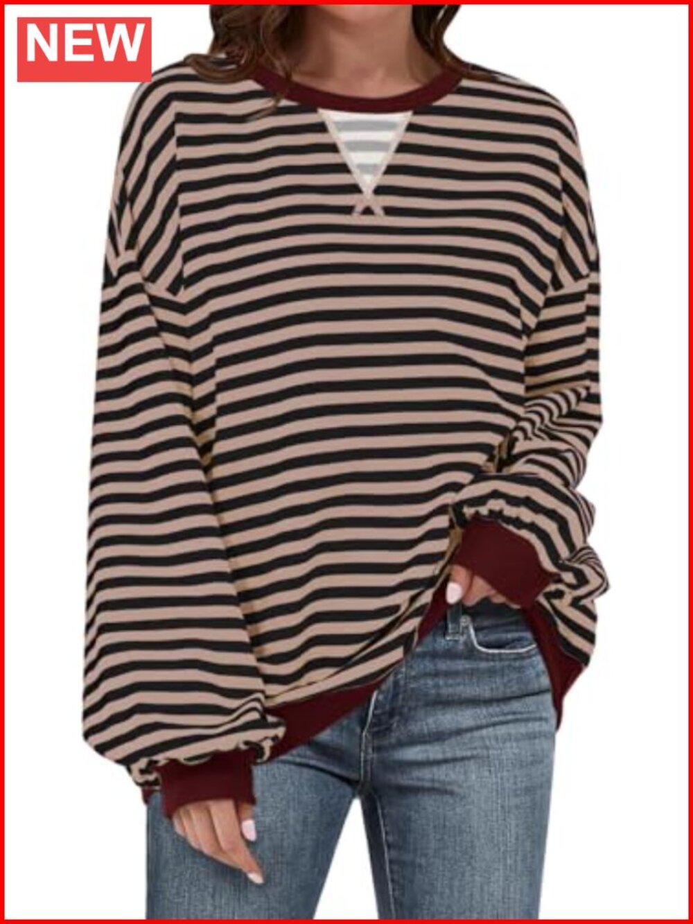 Oversized Striped Crewneck Sweatshirt Long Sleeve Pullover Cotton Blend Y2K